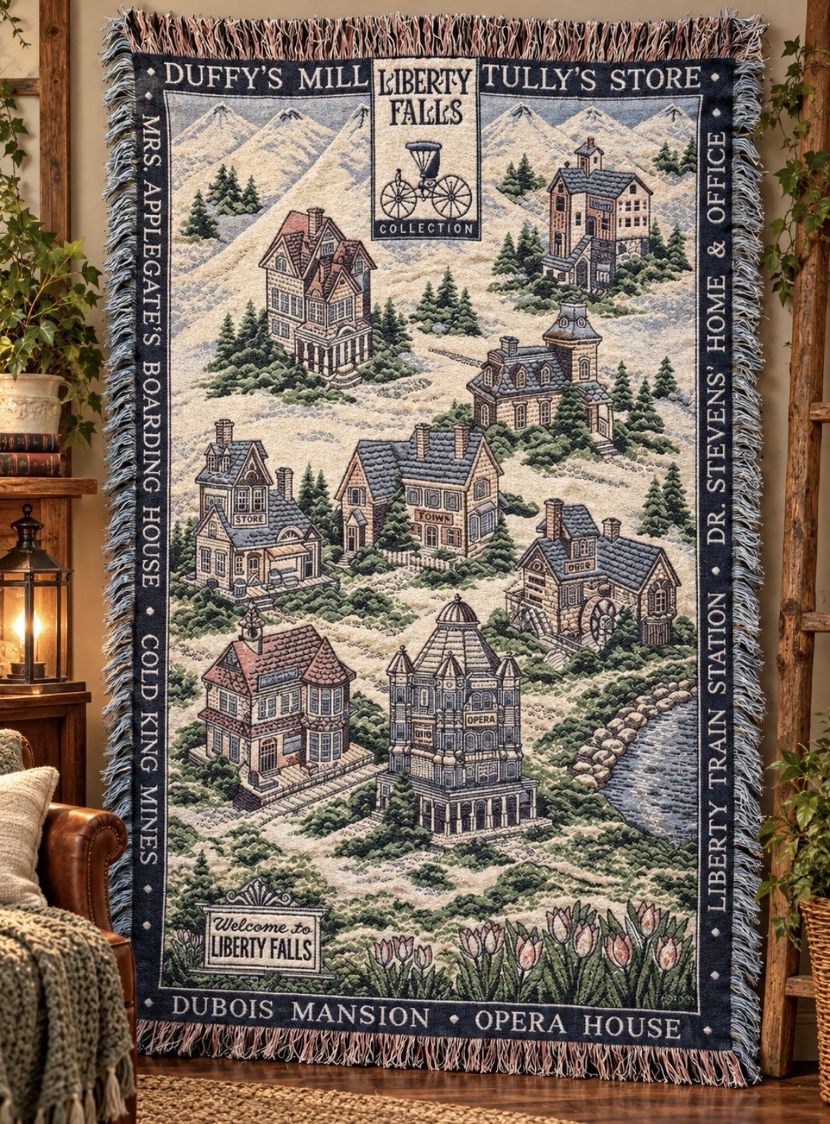 Vintage 1995 Liberty Falls Tapestry Blanket Dubois Mansion, Opera House & More