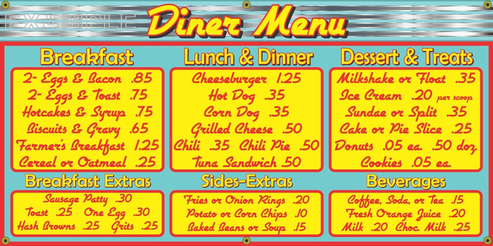 RETRO 1950s DINER CARHOP MENU HAMBURGER DRIVE IN SIGN REMAKE BANNER SIZE OPTIONS