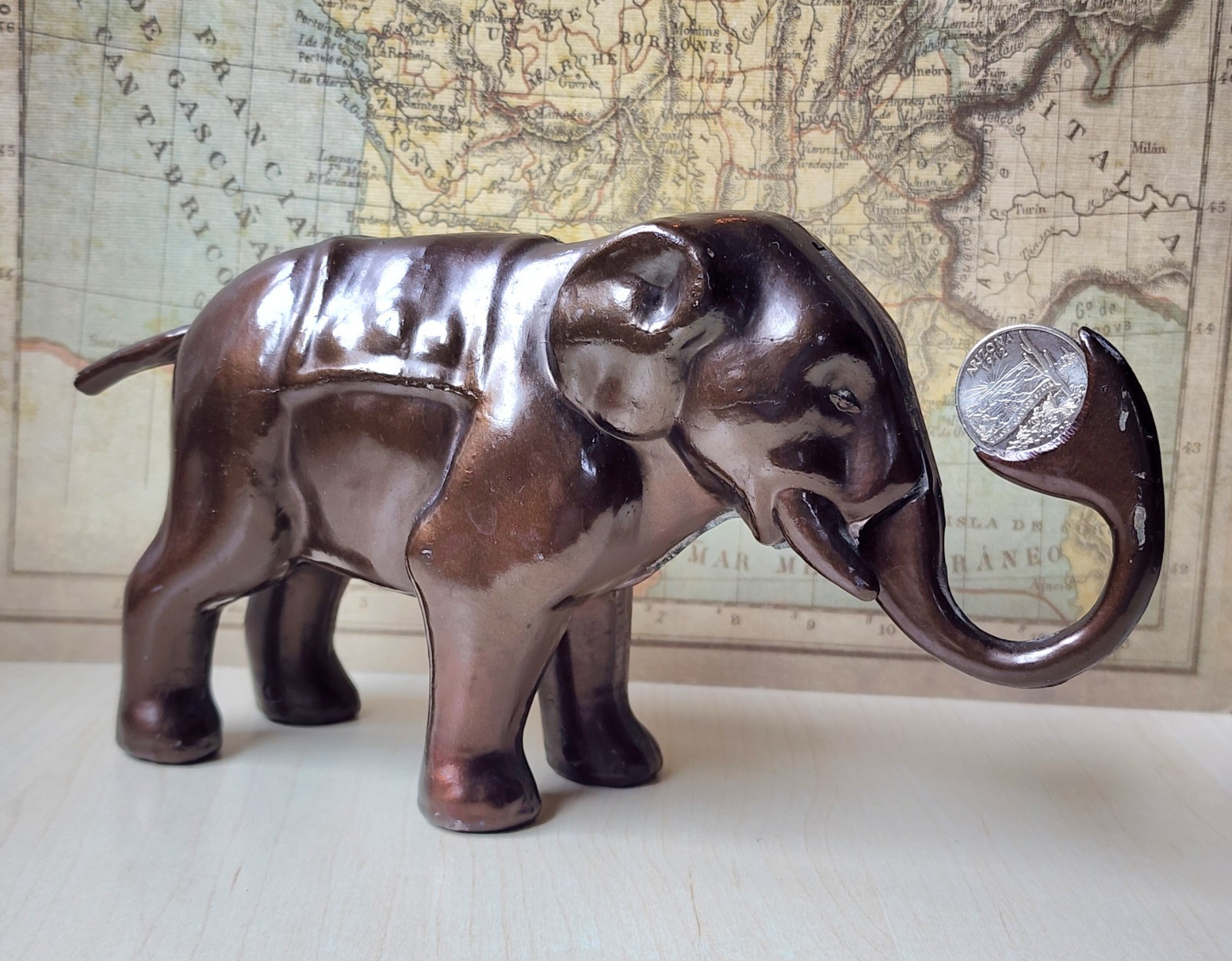 🐘 Vintage MCM Brown Metal Elephant Mechanical Coin Bank Gar-Ru style- Working