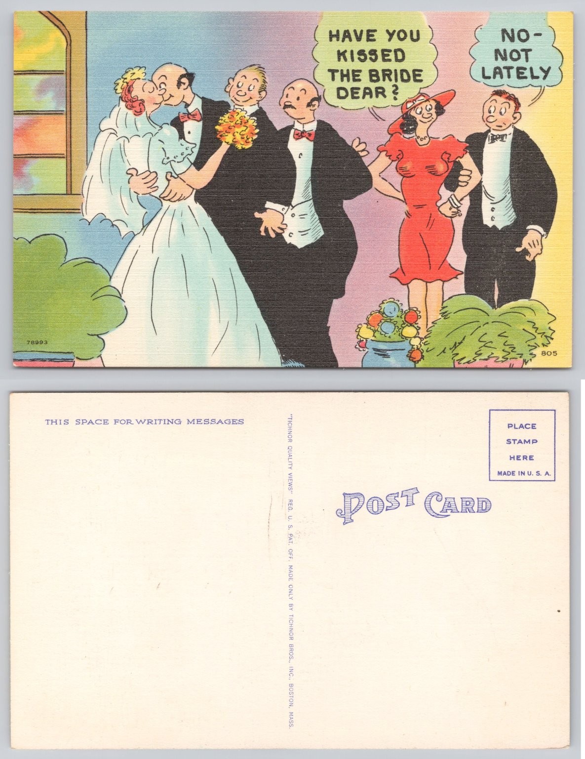 Vintage Humorous Wedding Postcard - Have You Kissed The Bride? Linen Tichnor