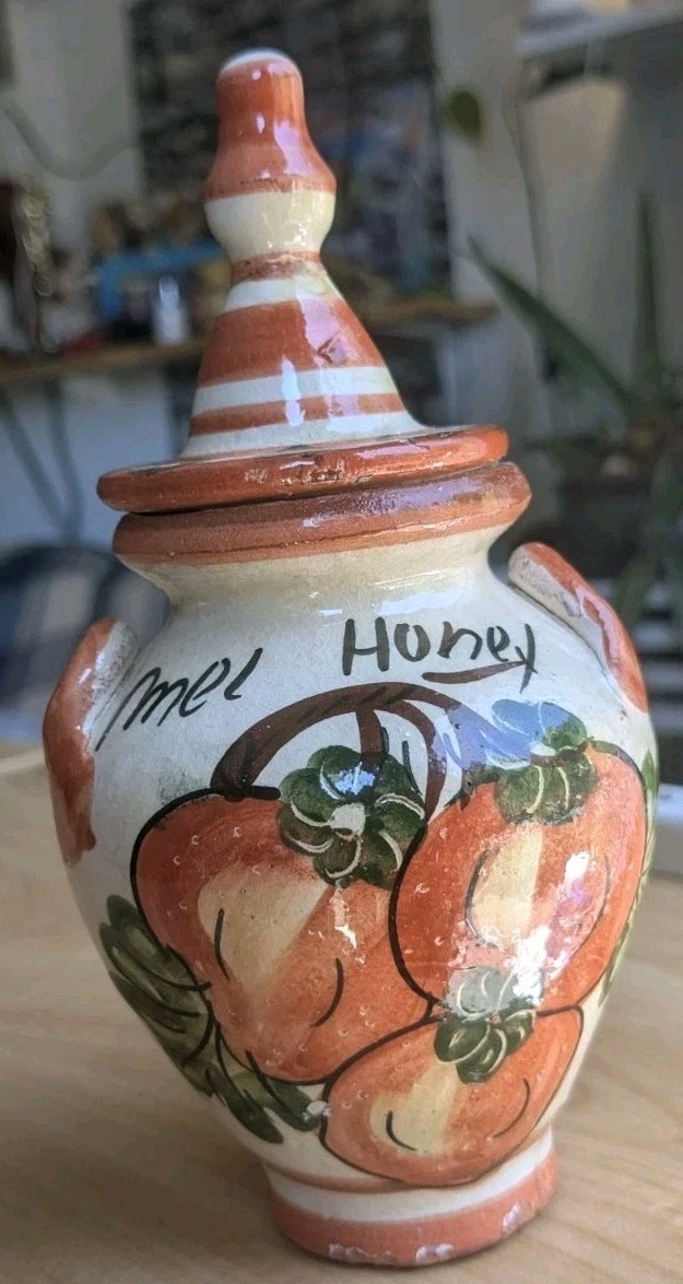 Vintage Glazed Terracotta Honey Jar (“Mel Honey”) – Hand-Painted Pottery