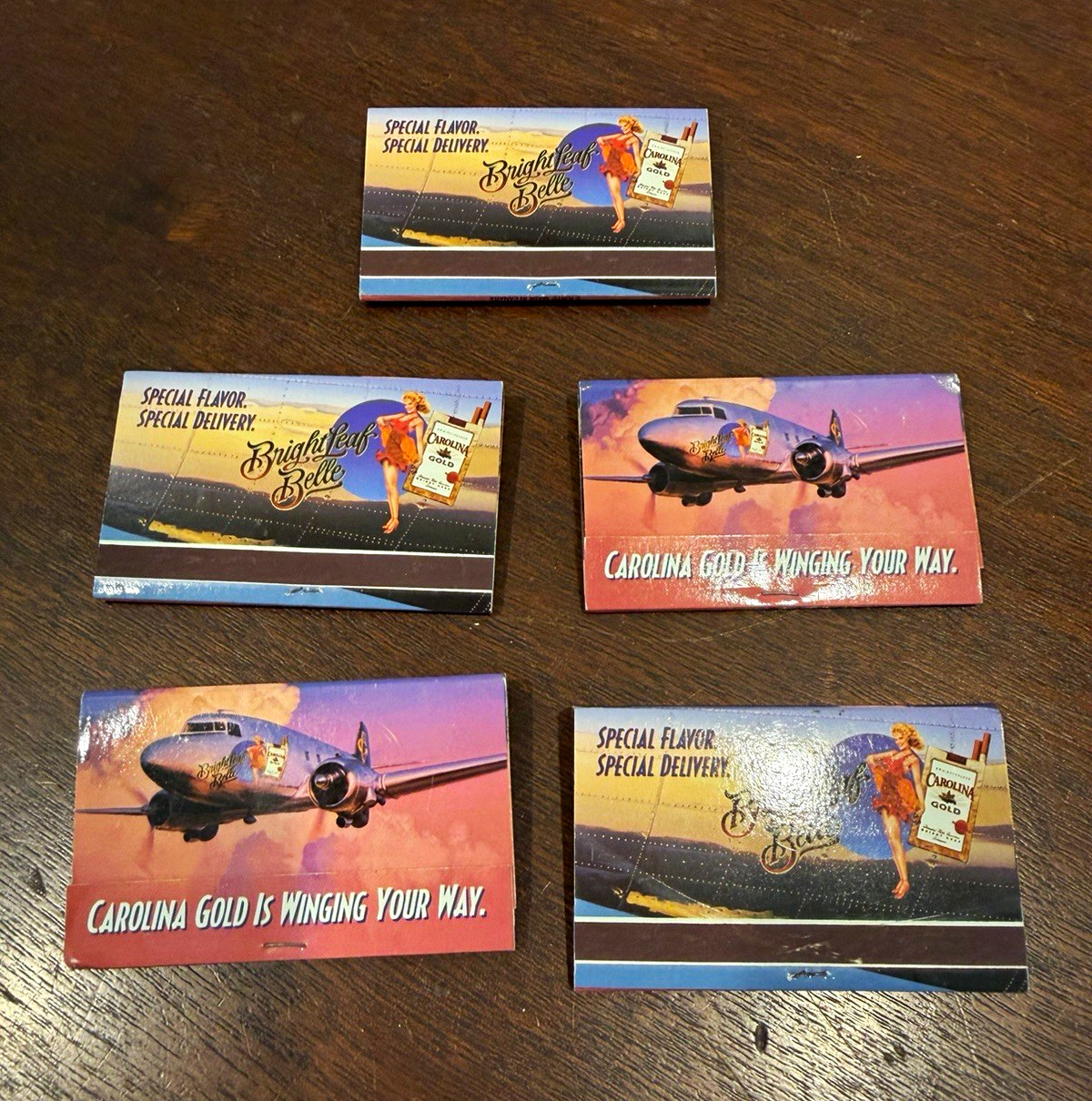 Lot Of 5 VTG Matchbooks With Matches Carolina Gold Bright Leaf Belle Cigarettes