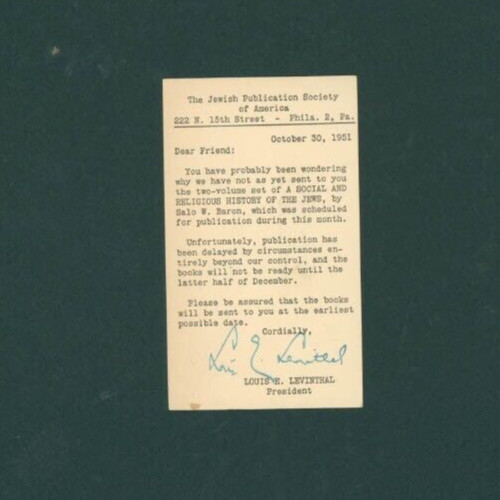 1951 Postcard Judge Louis Levinthal - Truman\'s Advisor on Jewish DPs, ZOA