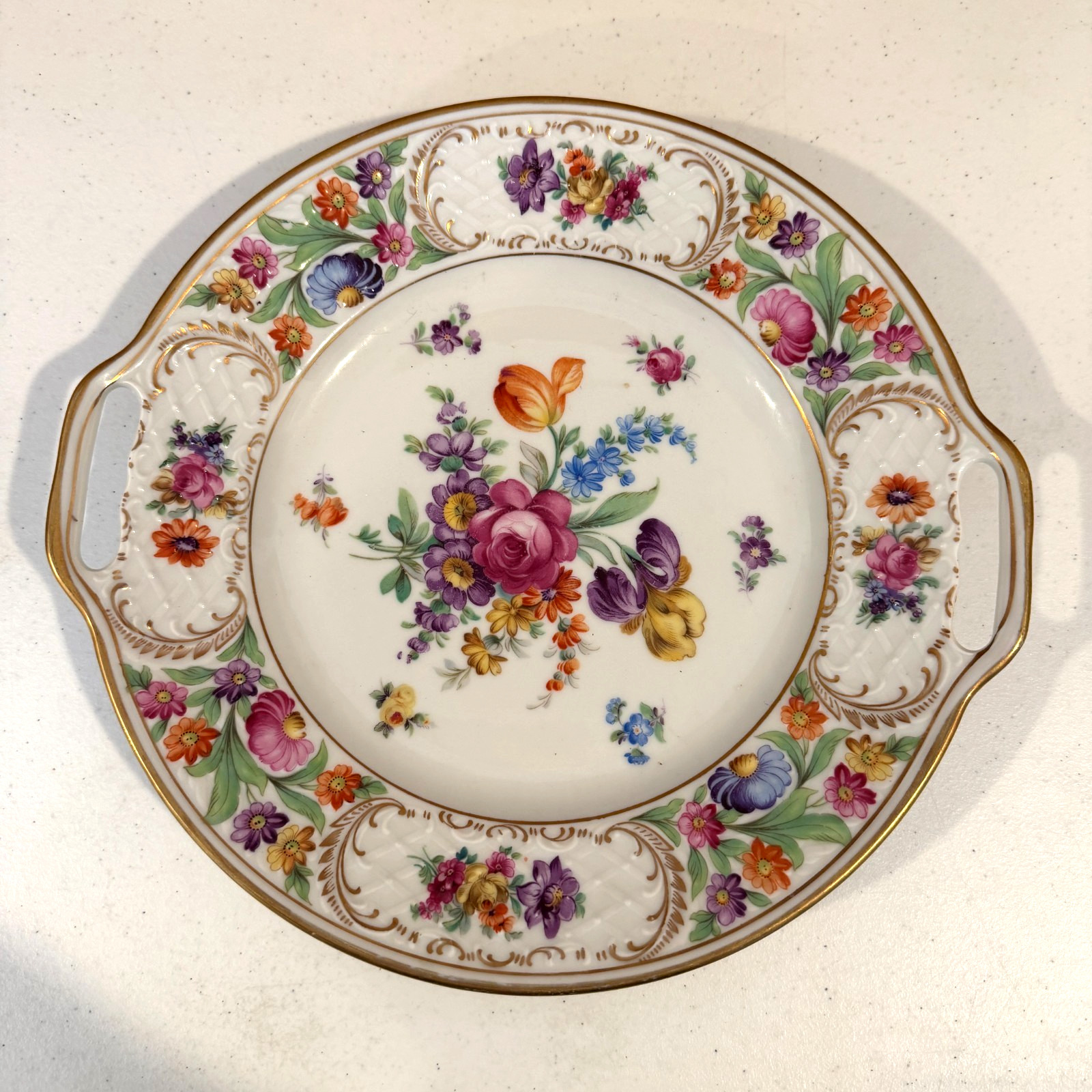 VTG Schumann Bavaria Dresden Art China Floral Serving Cake Plate Handles 11.5”