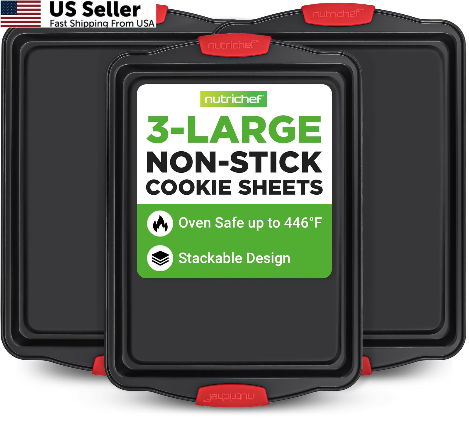 NutriChef 3-Piece Large Nonstick Cookie Sheets Set, One Size