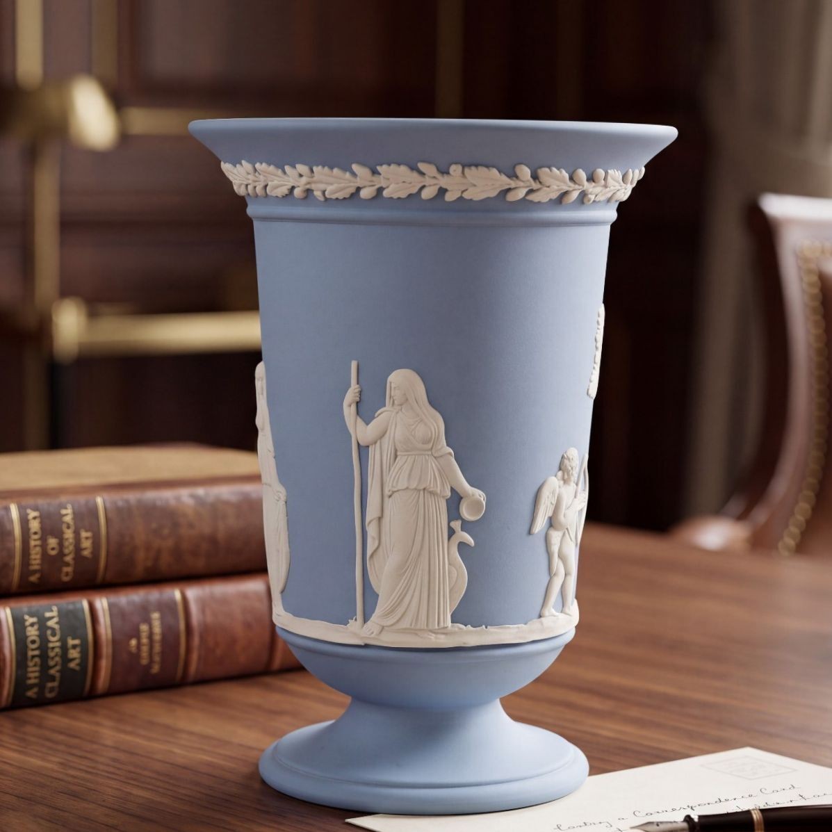 Vtg. Wedgwood Blue Jasperware Classical Relief Pedestal Vase Made in England 5.5