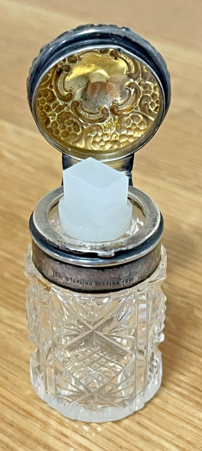 Antique UNGER BROS USA Lead Crystal & Sterling Scent Bottle w/Glass Dauber