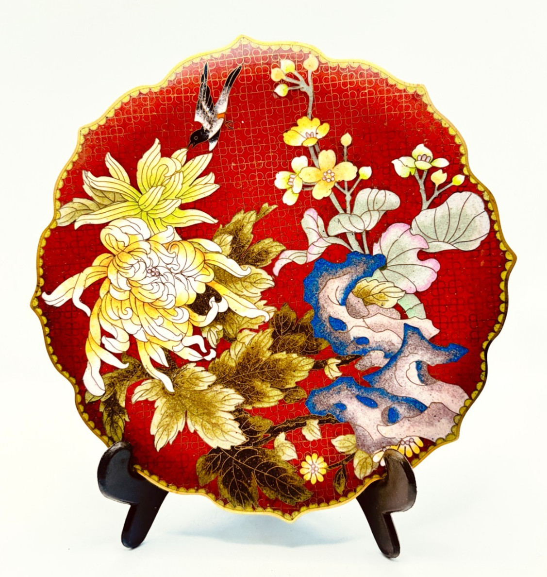 Vintage 9in Cloisonne Enamel Plate Bird Chrysanthemum Red Scalloped Floral