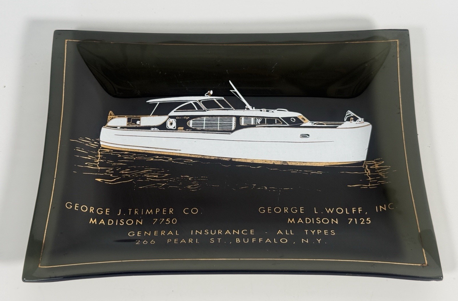 Vintage Buffalo NY Yacht Insurance Boat Advertising Glass Ashtray Dish Mint