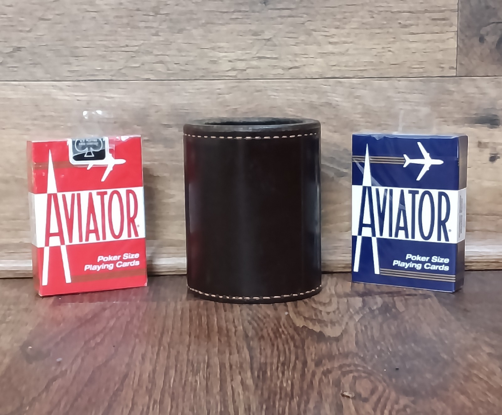 Vintage Leather Dice Cup Shaker & 2 Aviator Poker Playing Cards Decks Sealed