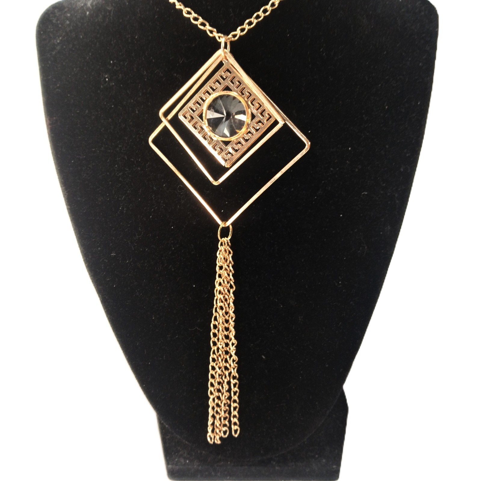 Rose Gold Tone Pendant Necklace Chain Diamond Crystal Center 4 Tassels  32\