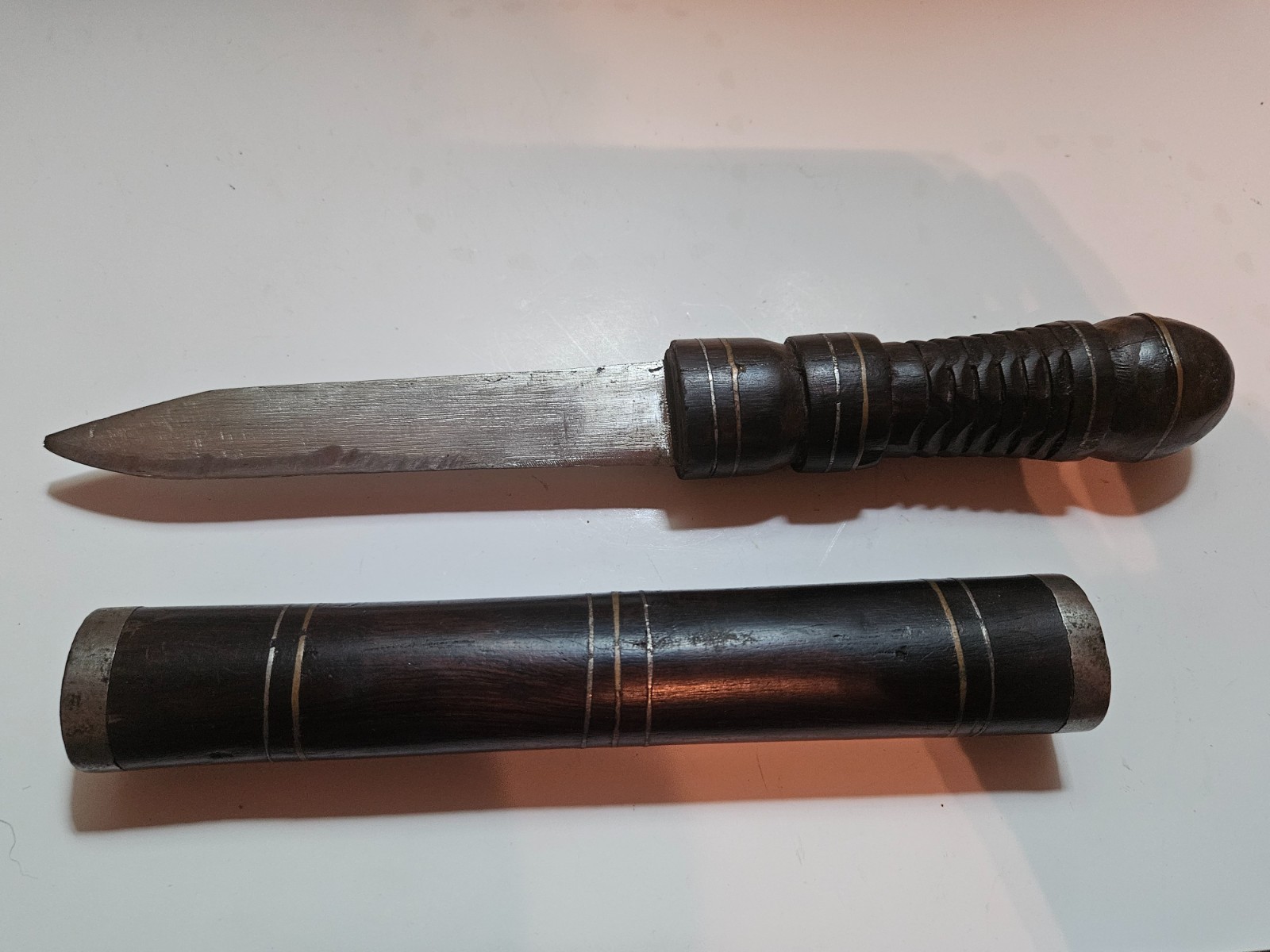 Vintage Unmarked Small Dagger Carved Wood Handle Matching Wood Sheath