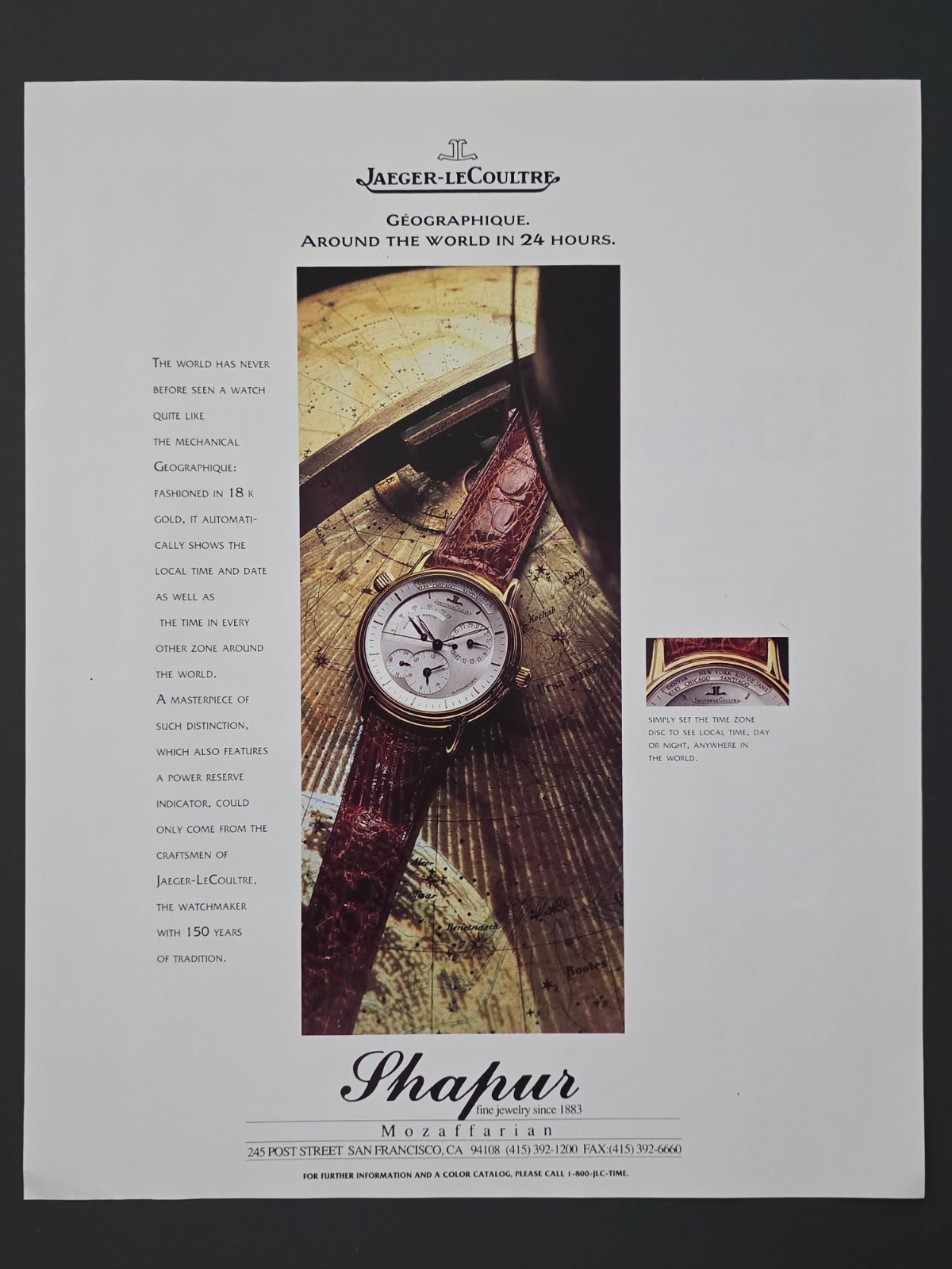 1991 PRINT AD Jaeger LeCoultre Geographique World-Time Mechanical Watch