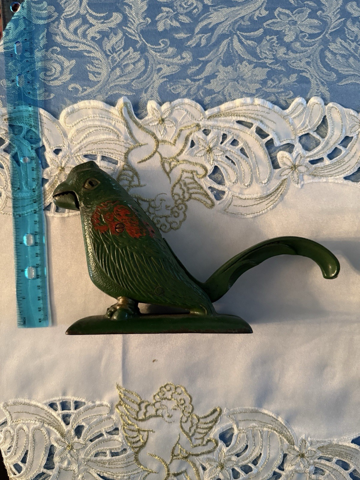Vintage Cast Iron Bird Nutcracker Green Red Paint Heavy Figural Unmarked 11.5” Vintage Cast Iron Bird Nutcracker Green Red Paint Heavy Figural Unmarked 11.5”