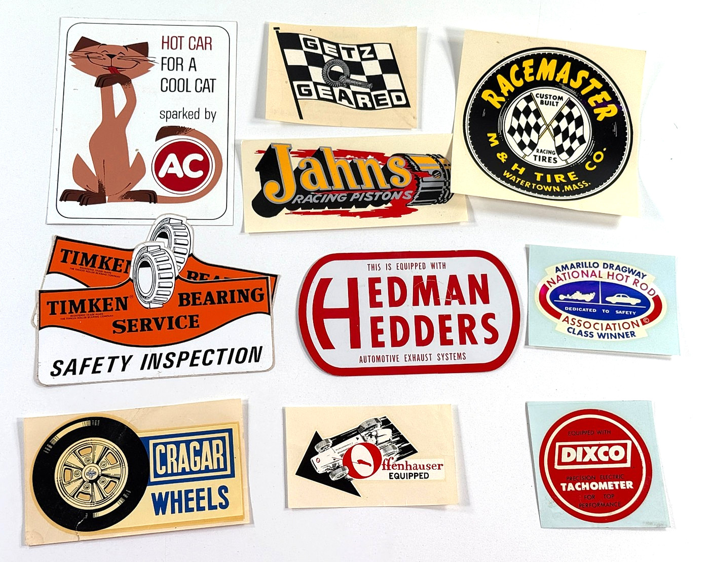 vtg Automotive Sticker Lot (x11) hot rod AC Timken Hedman Cragar Dixco Getz Jahn