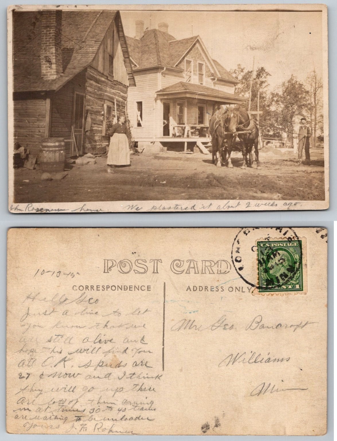 1914 RPPC The Roseman House Ohio Farm Home Horses Log Cabin Photo Postcard 1914 RPPC The Roseman House Ohio Farm Home Horses Log Cabin Photo Postcard
