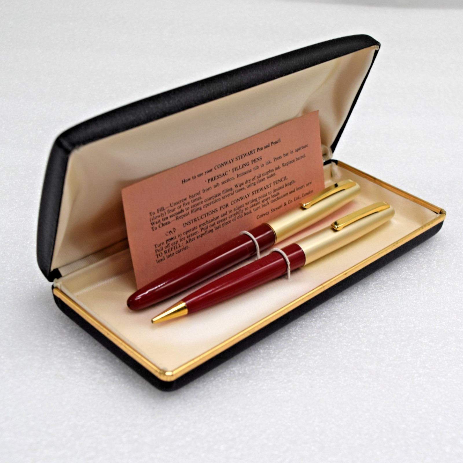MINT NOS 60s Conway Stewart 107 F Pen/Pencil Set Burgundy Gold 14K 3L Nib in Box