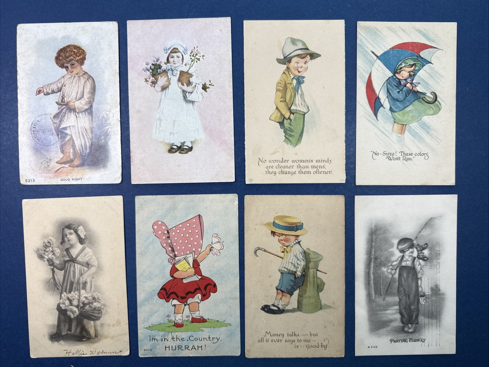 Nice Mixture 8 Children Greetings Antique Postcards. Drawn. Pen & Ink Style.