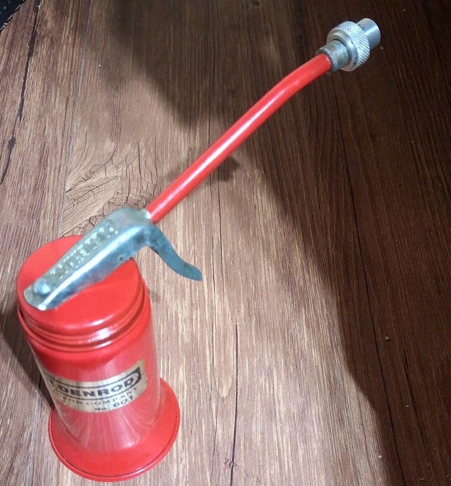 Vintage Goldenrod Red Top Hand Pump Oiler Golden Rod Oil Can with Spout
