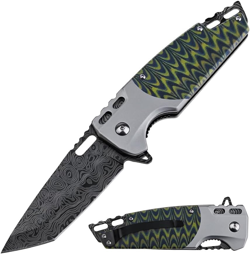 Folding Pocket Knife, 3.41-Inch Tanto Blade, Green Aluminum Handle, 8.26-Inch Ov Folding Pocket Knife, 3.41-Inch Tanto Blade, Green Aluminum Handle, 8.26-Inch Ov