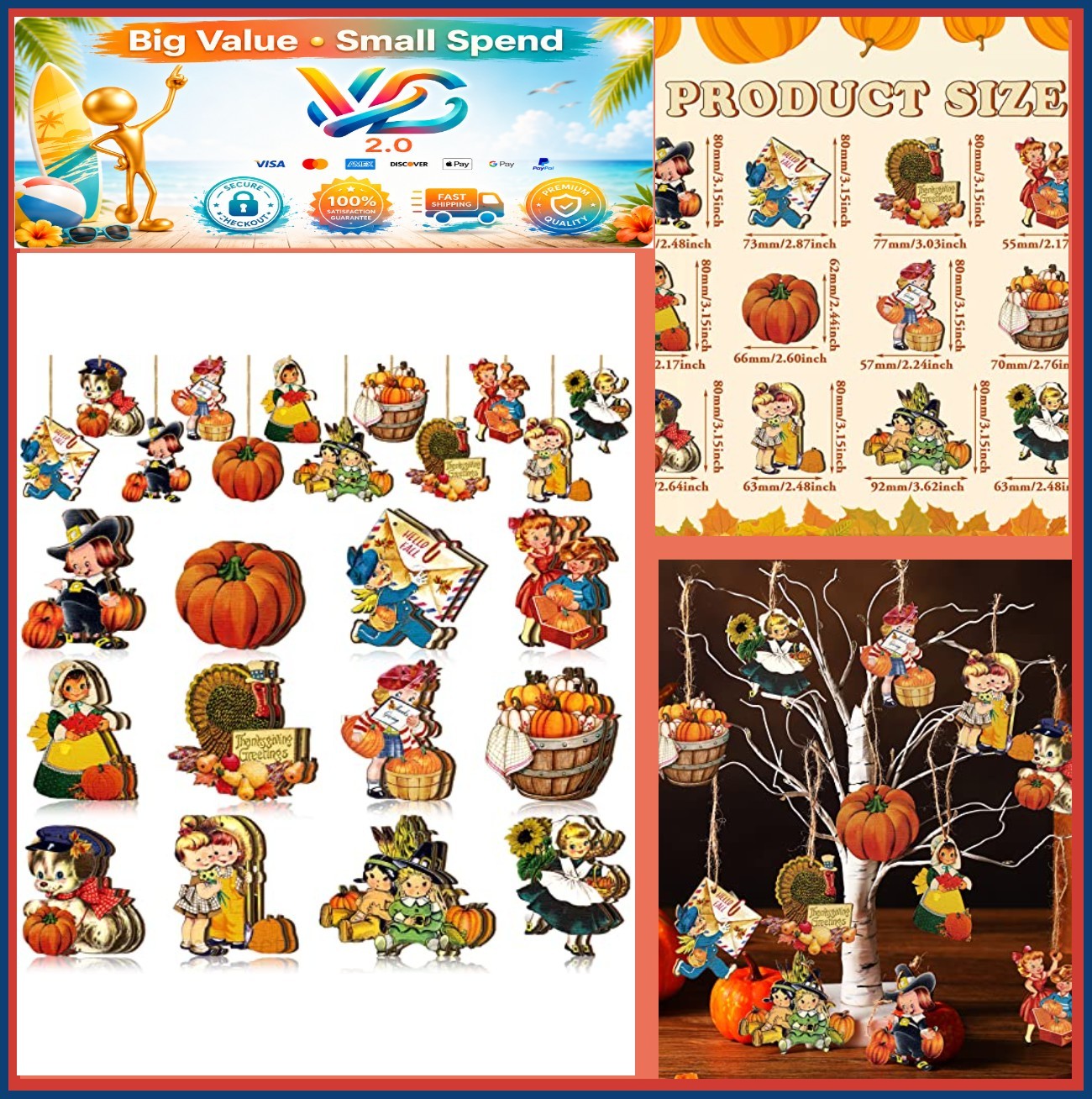 24 PC Vintage Wooden Fall Tree Ornaments Thanksgiving Harvest DIY Hanging Decor