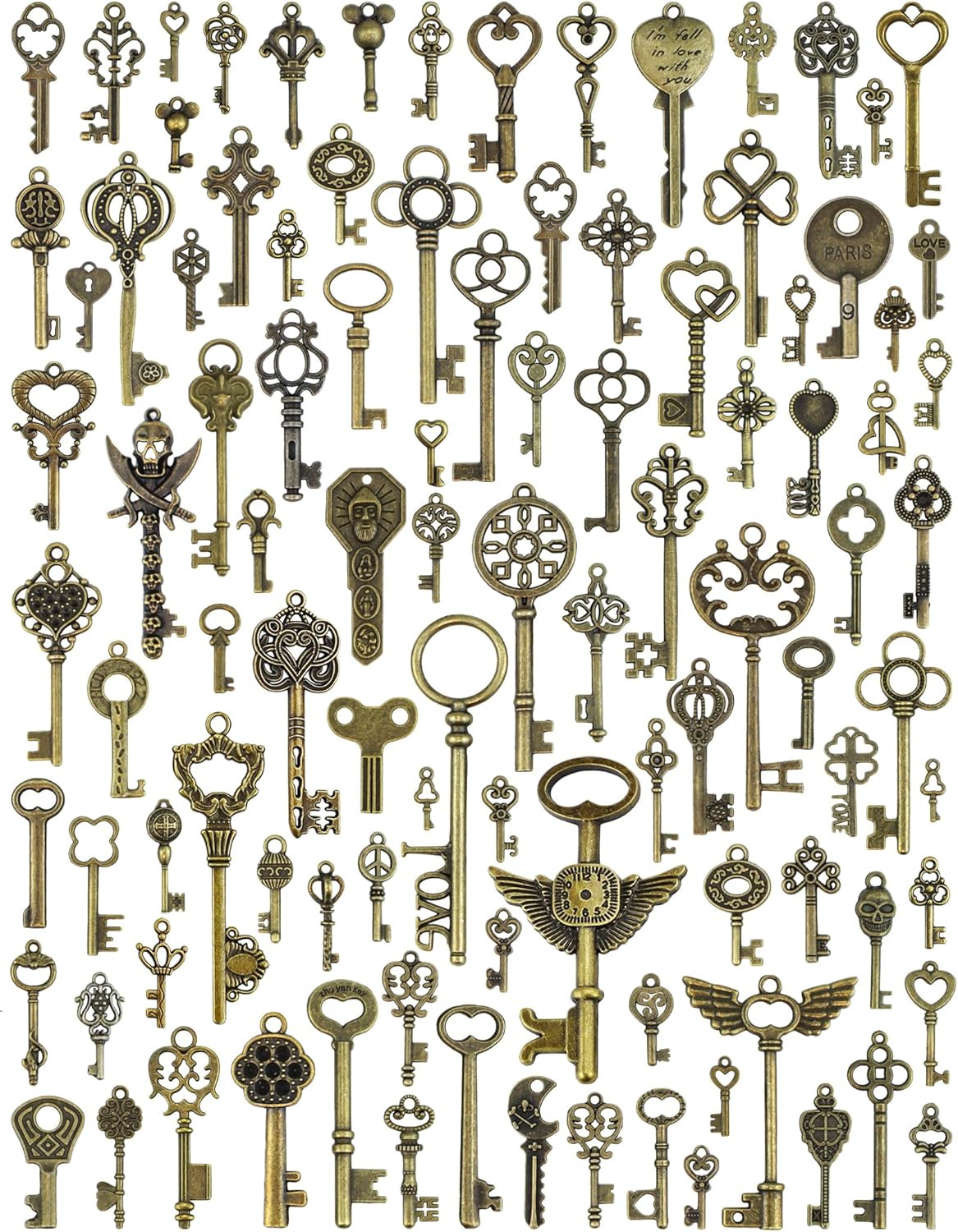 JIALEEY Vintage Skeleton Keys, Wholesale Bulk Lots Mixed Set of 100 Antique Bron