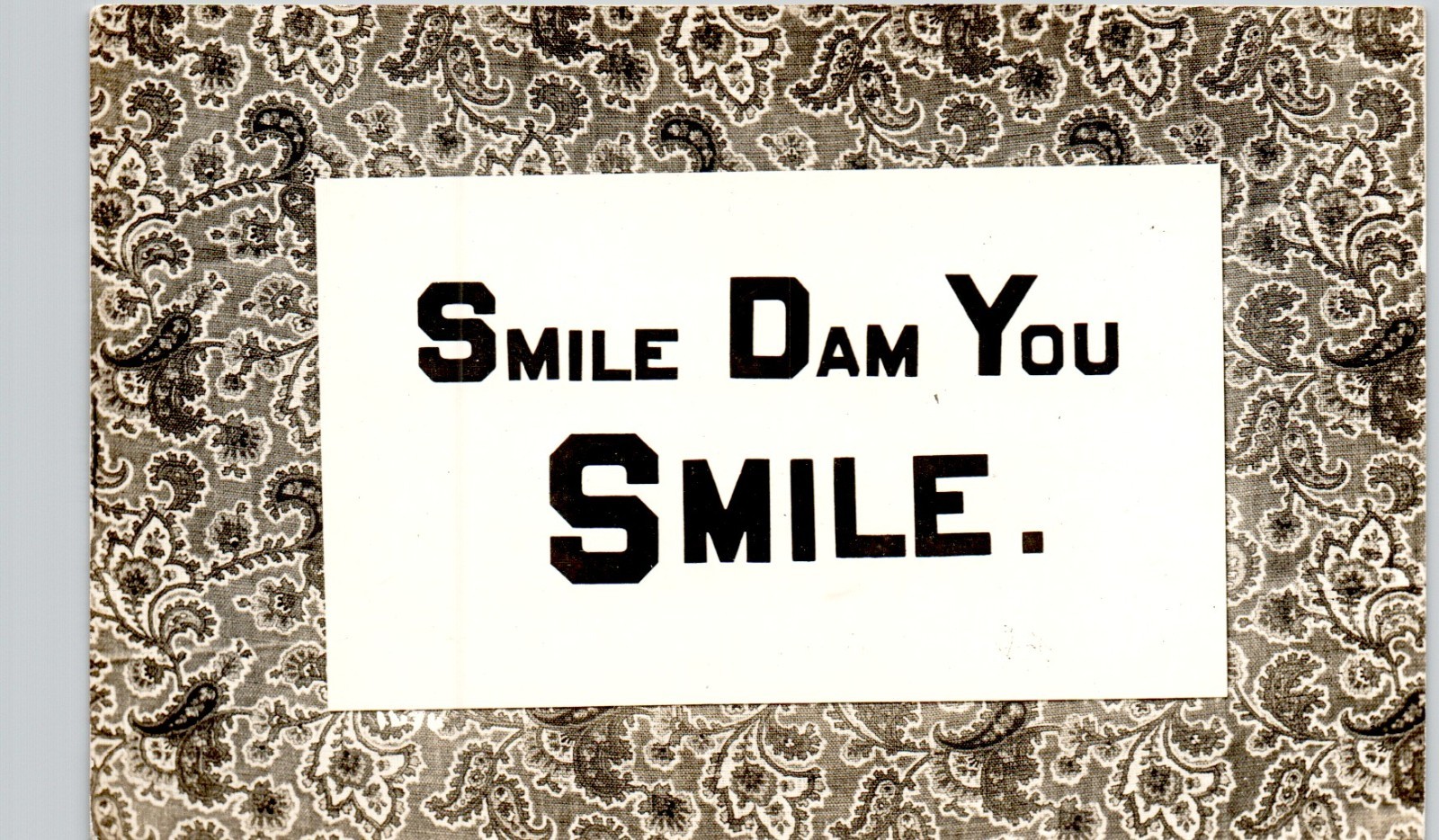 SMILE DAM YOU, QUOTE COMIC ON ANTIQUE RUG c1910 postcard real photo rppc collage