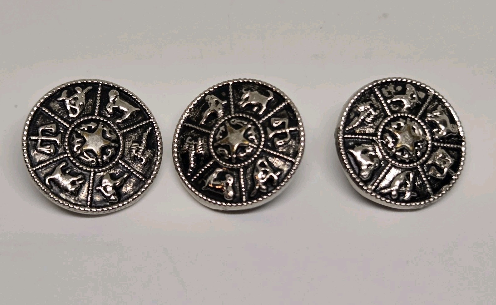 3 VINTAGE ASTROLOGY HOROSCOPE SILVER TONE BUTTONS