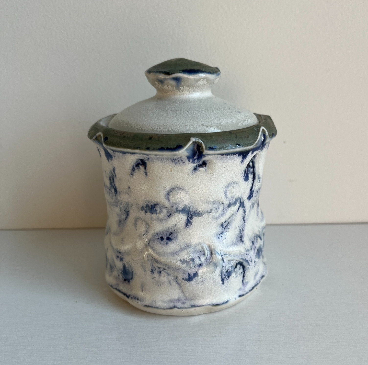 Vintage Small Green Blue White Lava Style Studio Art Pottery Jar w/ Lid