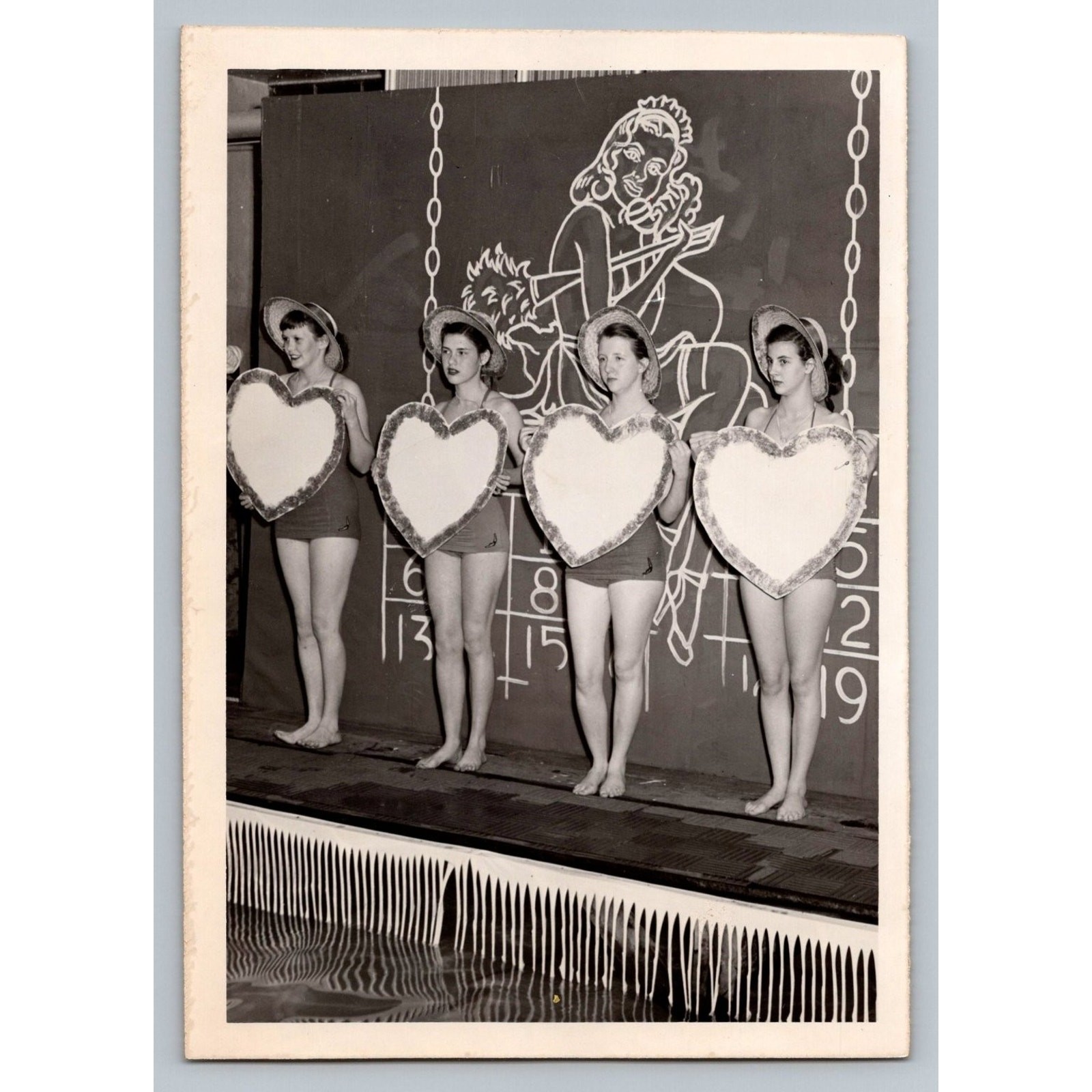 Four Pretty Women Swimsuits Heart Signs 1950s Snapshot Photograph College Play