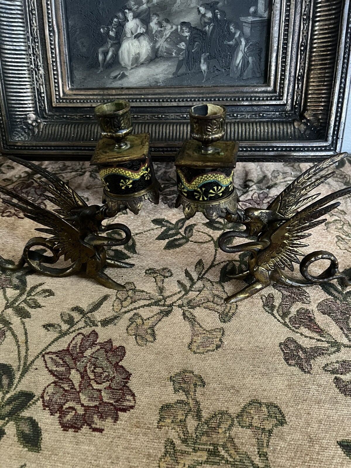 Pair Antique french Longwy Enameled brass candlesticks Griffon Dragon Rare