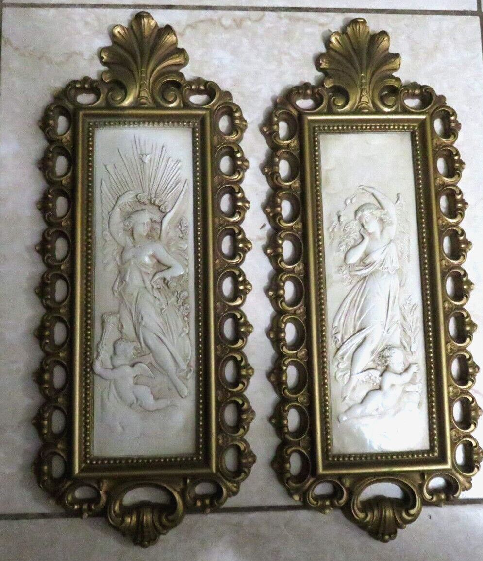 2 Vintatge HOMCO Syroco MCM Wall Decor Hollywood Regency Gold  W/ Cherub lady