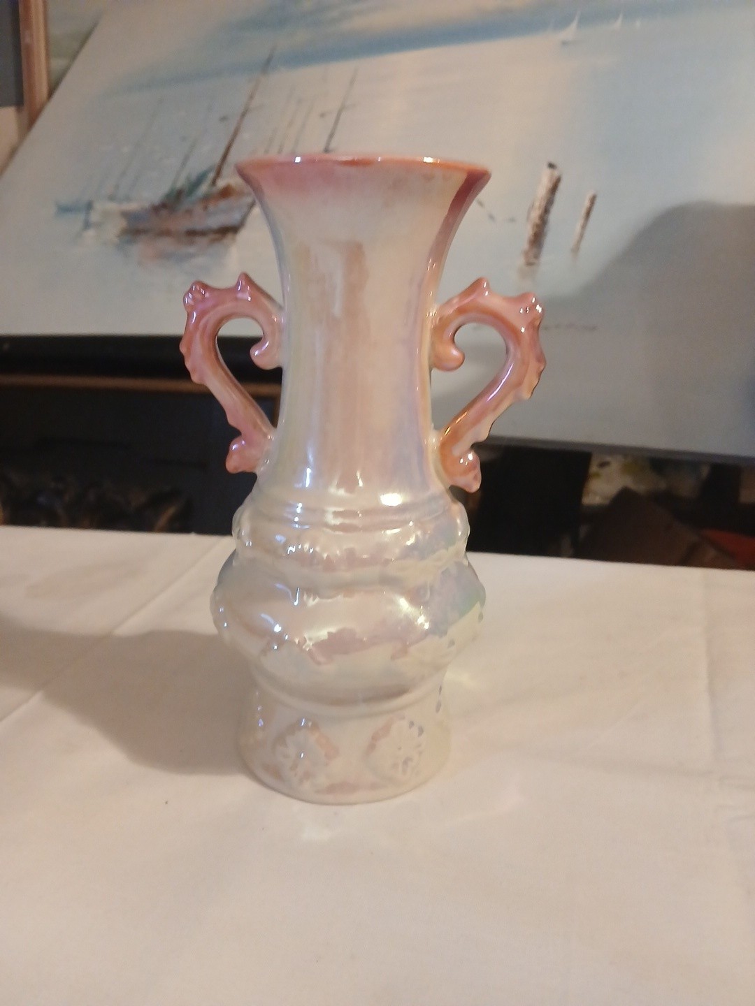 VTG Lusterware vase Red/pink Handles w/ White Embossed Flowers 7”