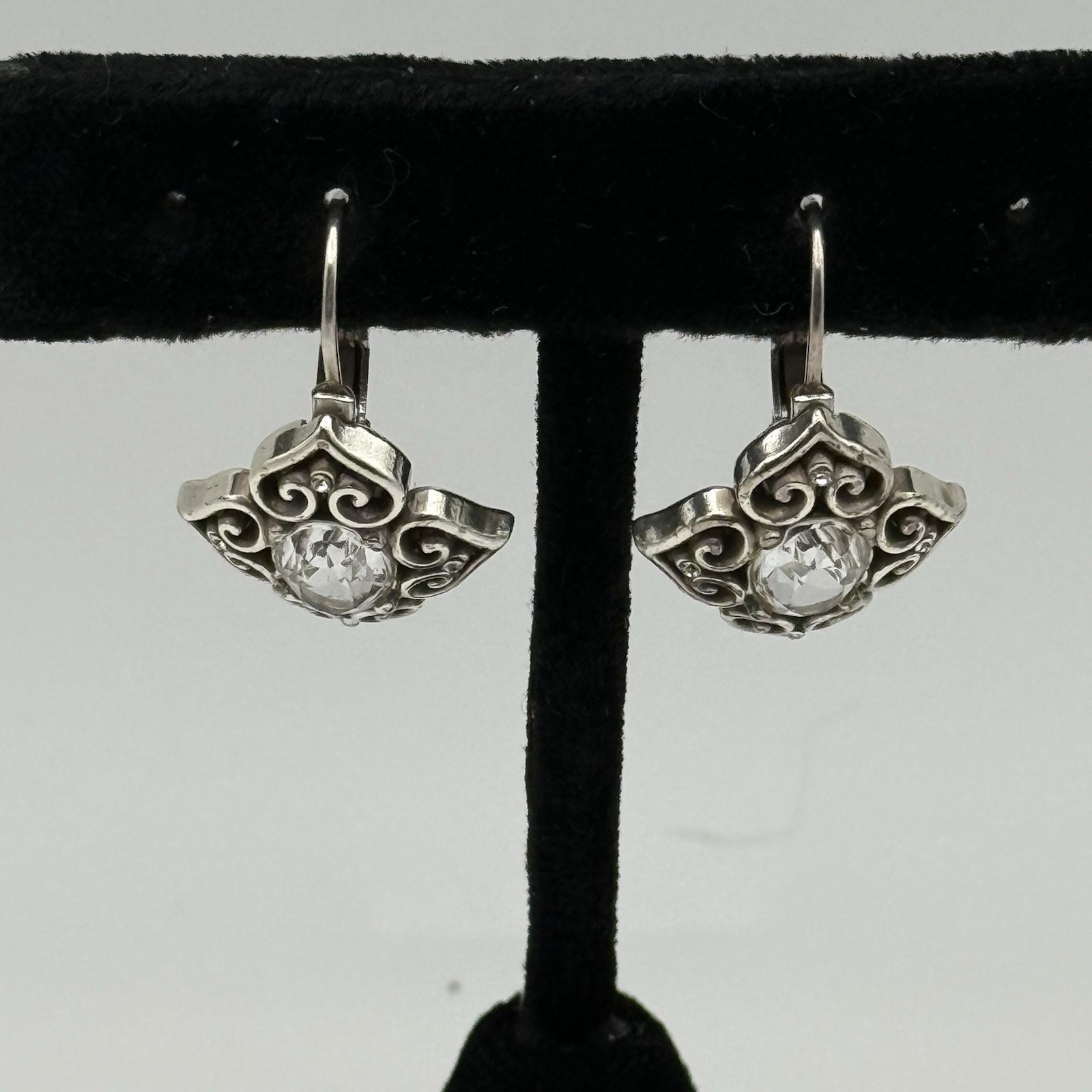 Scrolled Silvertone & Faceted Clear Crystal Leverback Pierced Earrings