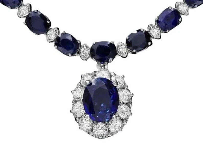 26.40Ct Diamond & Blue Sapphire Cluster Pendant Necklace 14K White Gold Over 17