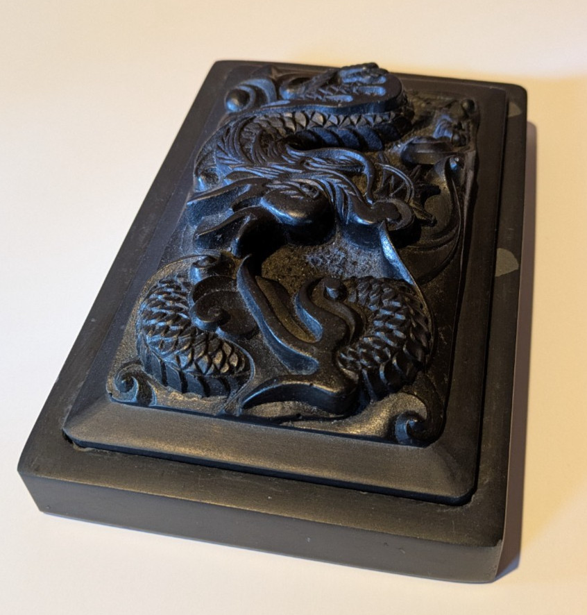 Vintage Chinese Calligraphy Inkstone Lidded Carved Dragon Heavy Black Stone 7x4.