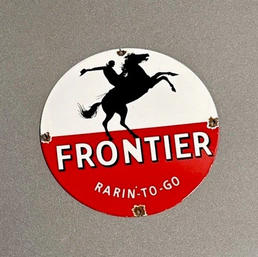 VINTAGE 12” FRONTIER COWBOY HORSE PORCELAIN SIGN CAR GAS OIL TRUCK MOTORCYCLE