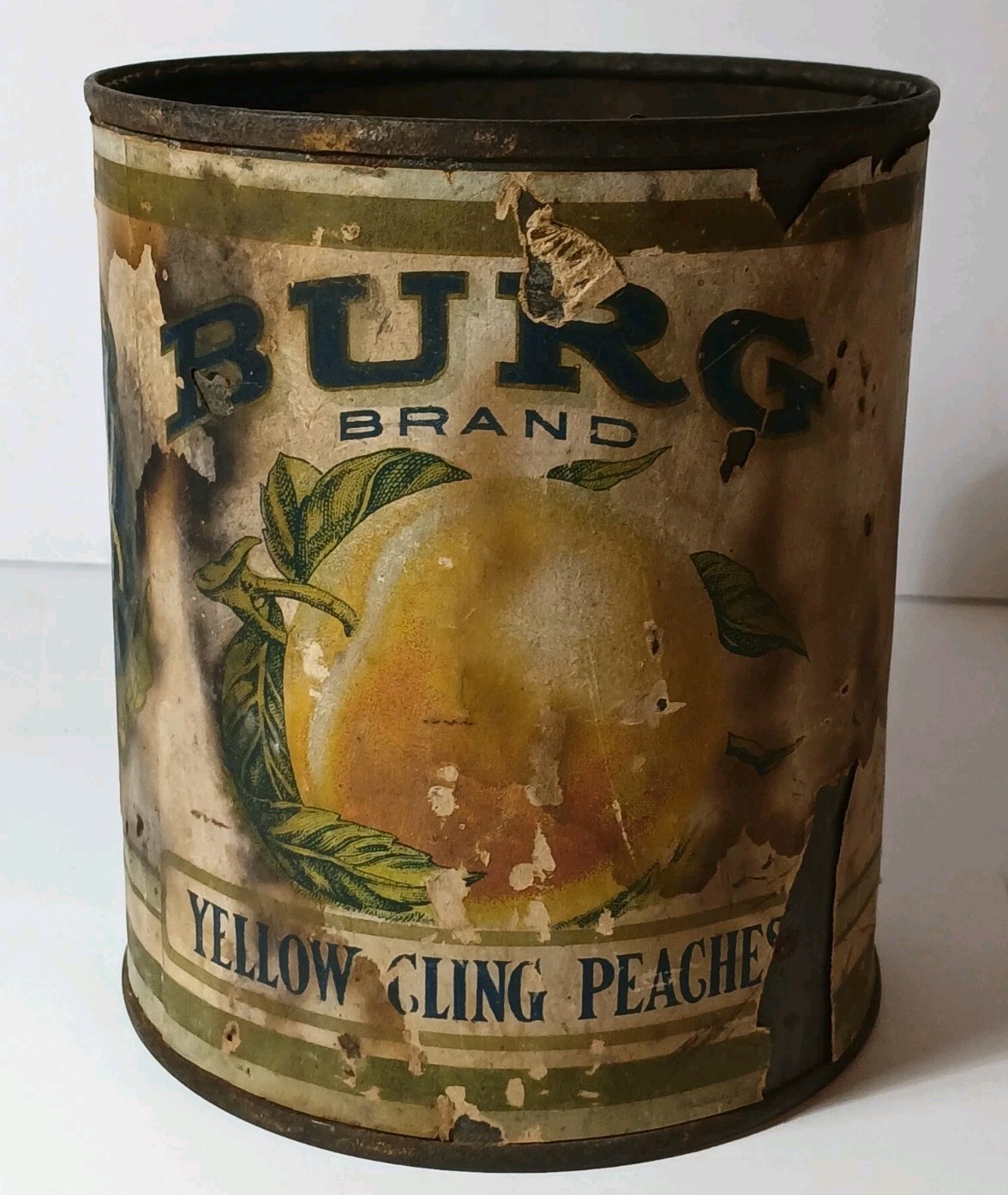 1930s VINTAGE BURG BRAND W.A. JORDAN GALESBURG ILLINOIS ANTIQUE PEACHES TIN CAN