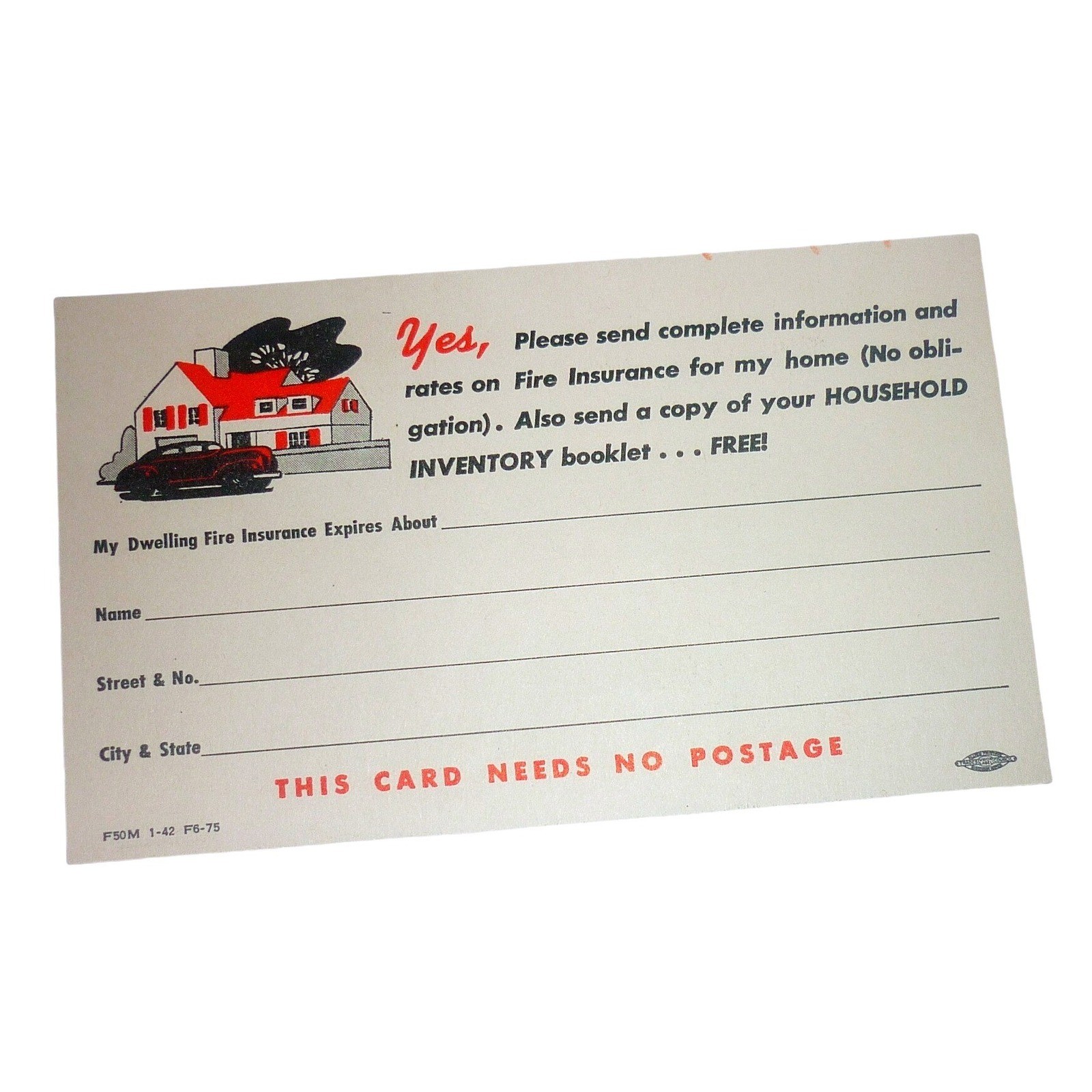 Vintage Federated Hardware Mutuals Fire Insurance Business Reply Card 1942 WI
