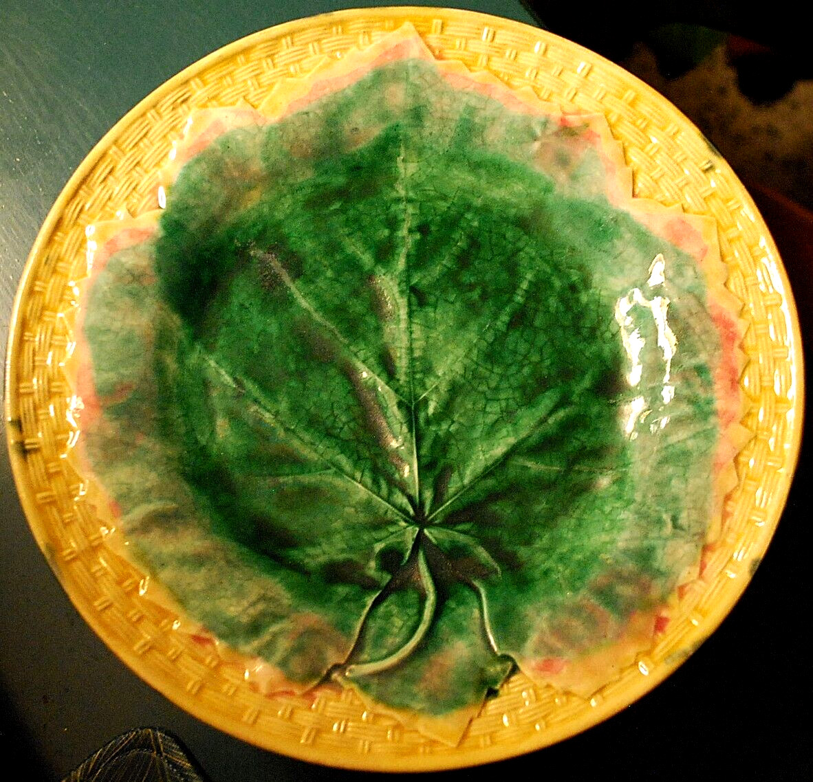 Antique ETRUSCAN MAJOLICA PLATE Green Leaf Pink Border Yellow Basketweave 1880s