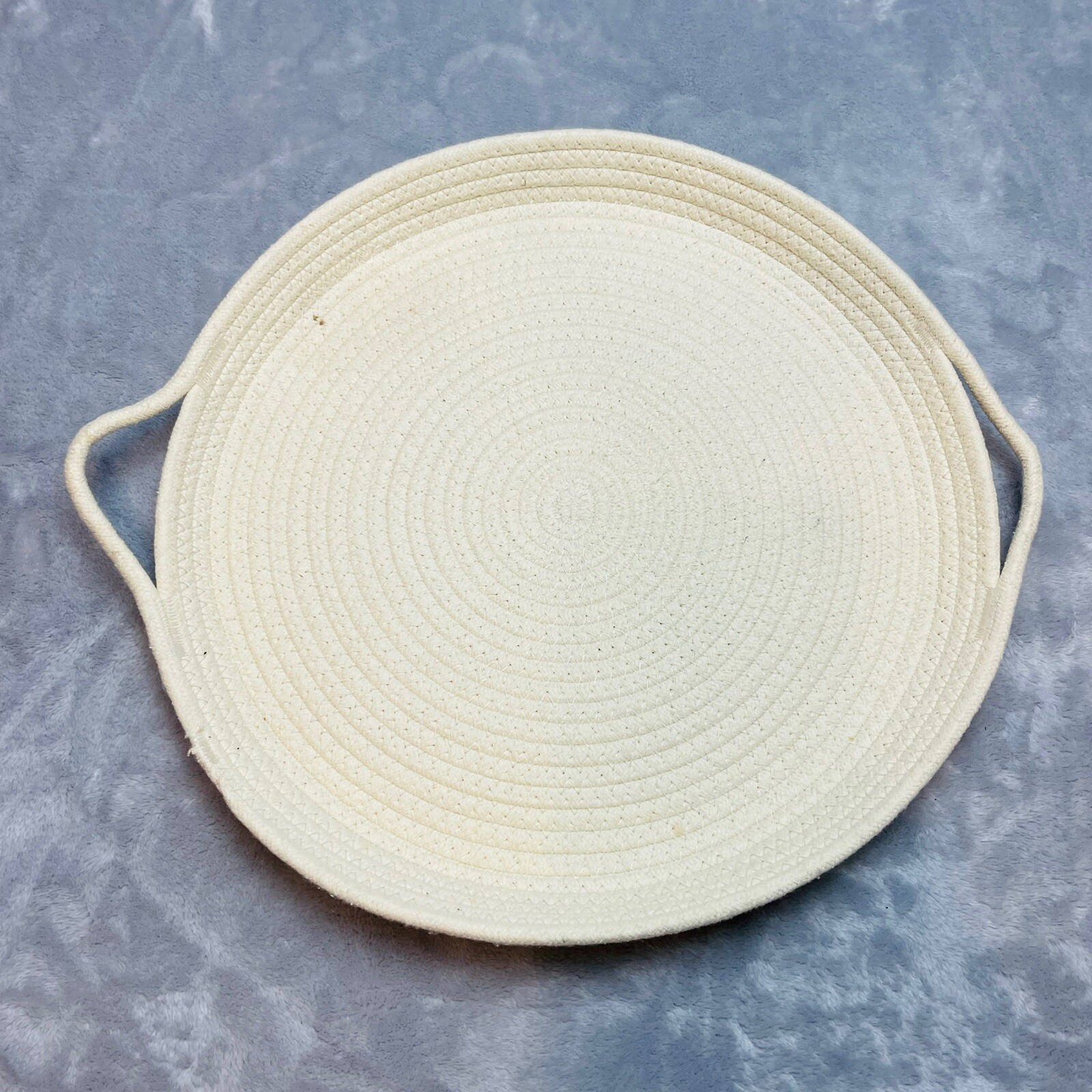 Round Braided Hand Woven Fabric Basket Handled White Flat Boho Natural Decor