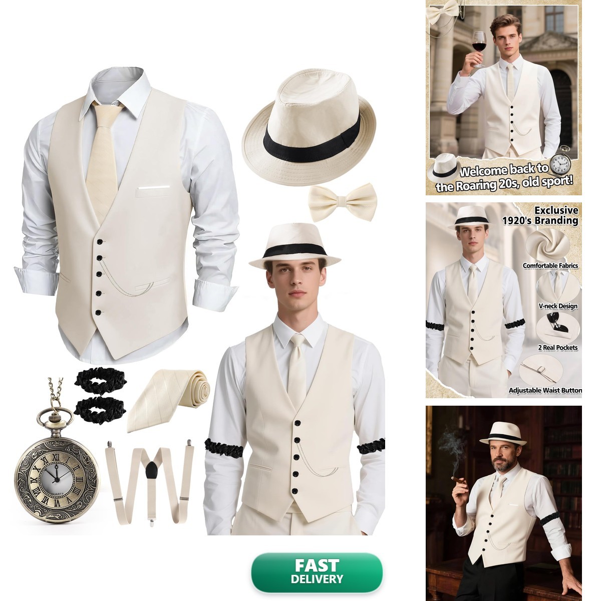 HaBaeBae 1920s Mens Costume Fedora Hat Vest Pocket Watch Beige HaBaeBae 1920s Mens Costume Fedora Hat Vest Pocket Watch Beige