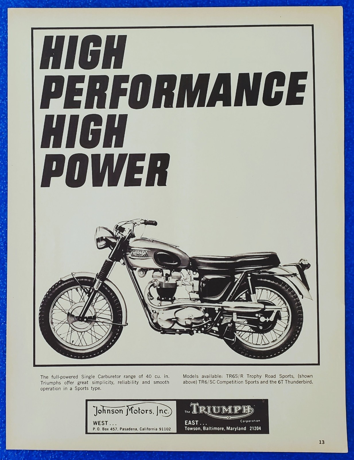 1966 Triumph TR6SR Trophy Ad High Performance Meriden Biker Cave Office Display