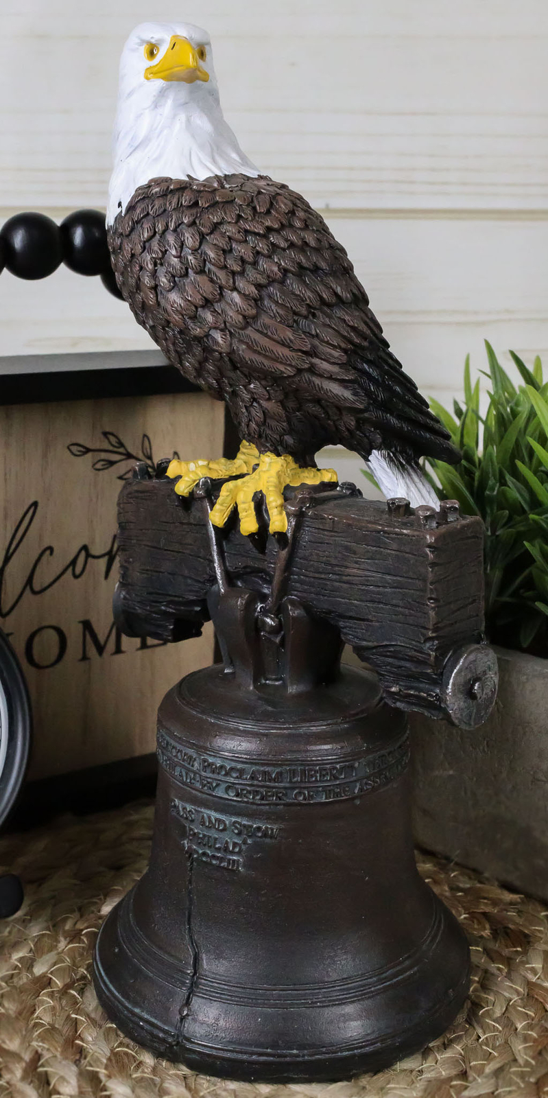 Independence Day American Patriotic Bald Eagle Perching On Liberty Bell Figurine