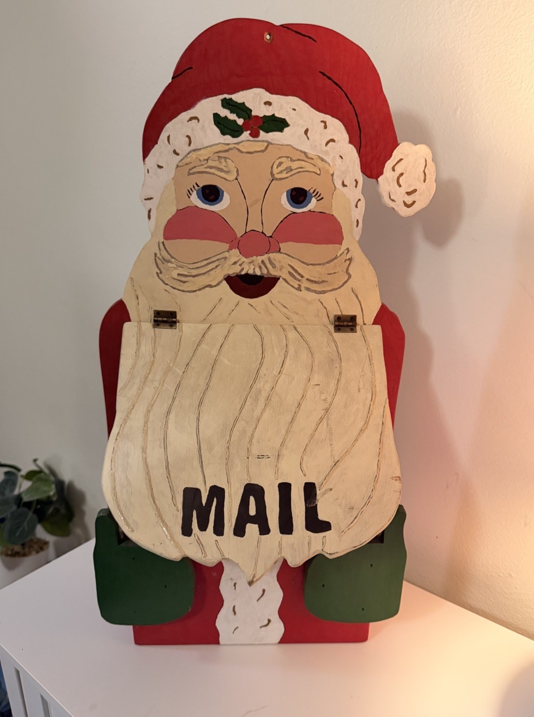 Vtg Santa Claus Hand Painted Folk Art Mail Wooden Mailbox Card Holder Whimsical
