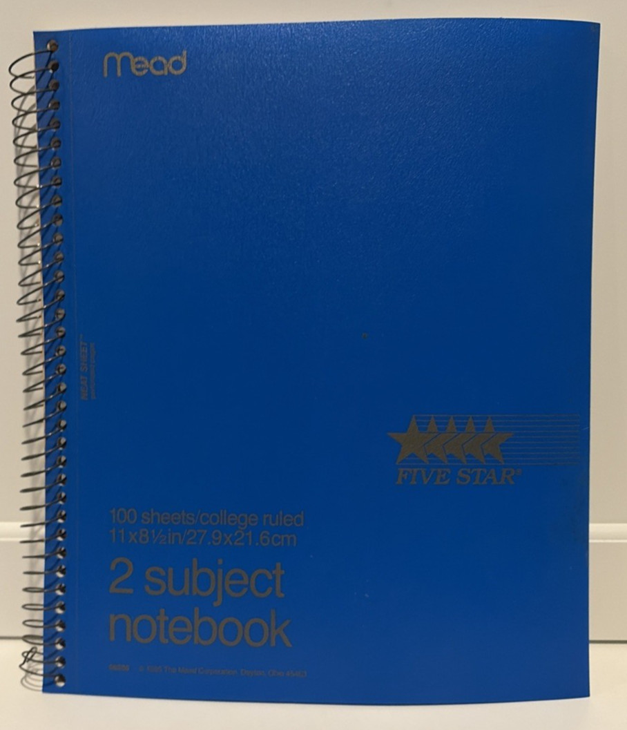 Vtg 1985 Blue MEAD 5 Star 2 Subject Notebook 06206 100 Shts Vinyl Cover NEW USA