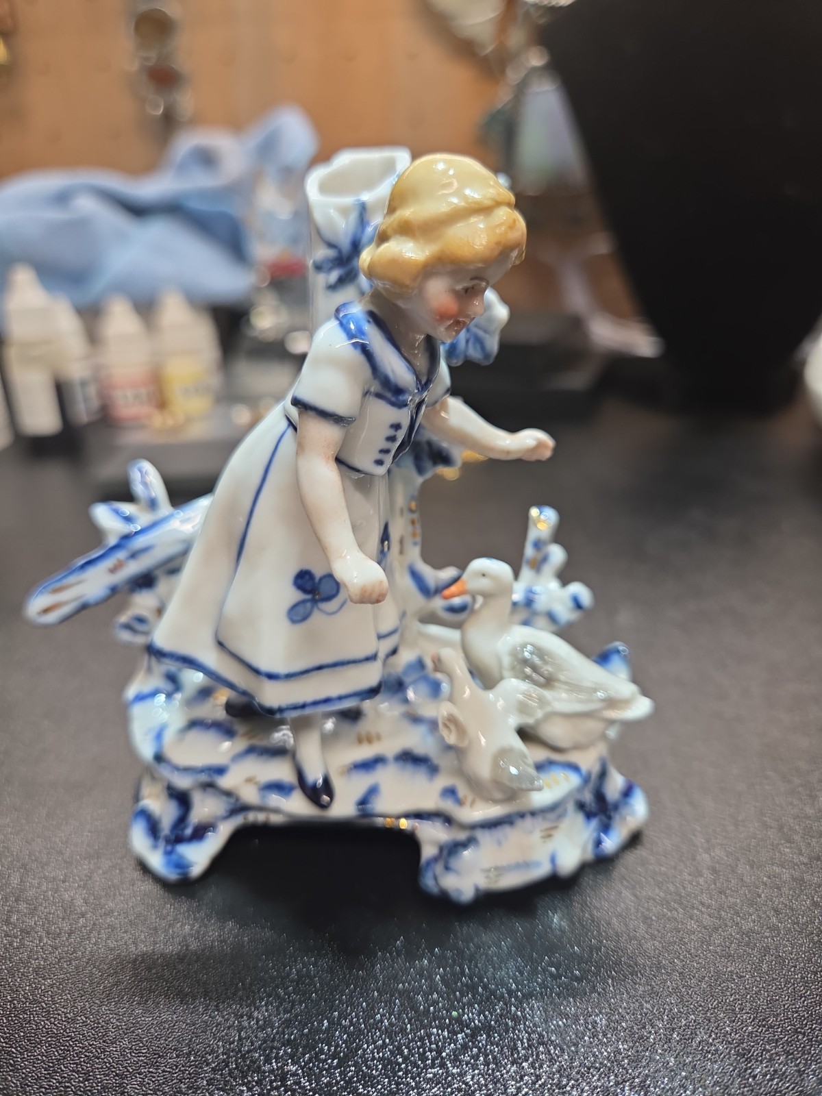 Antique Bohemian Porcelain Girl with Geese Spill Vase 1912-1918 Clover Mark