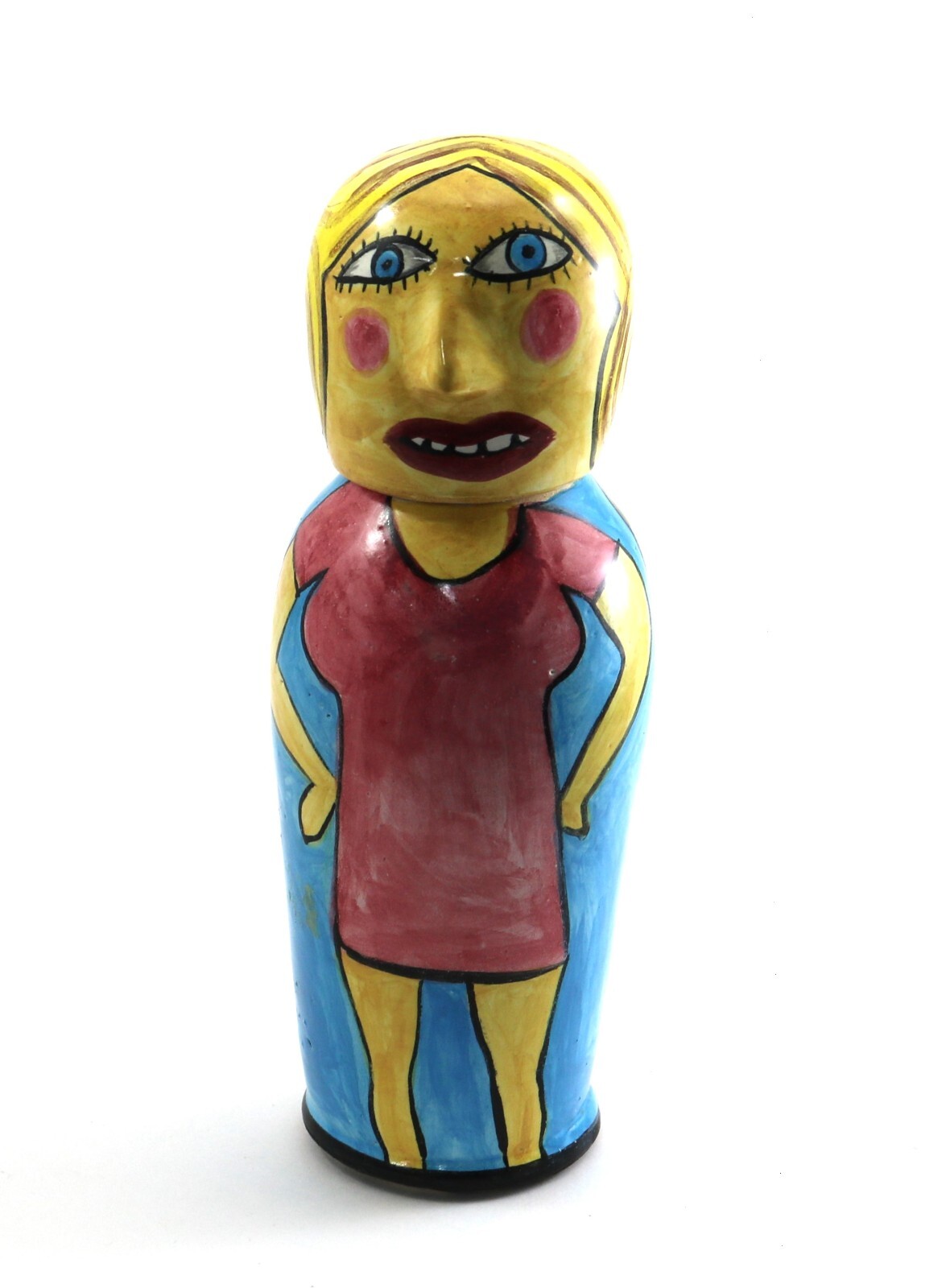 UNUSUAL Reversible Woman-Man Folk Art Pottery Decanter Hand Painted Tumble Up
