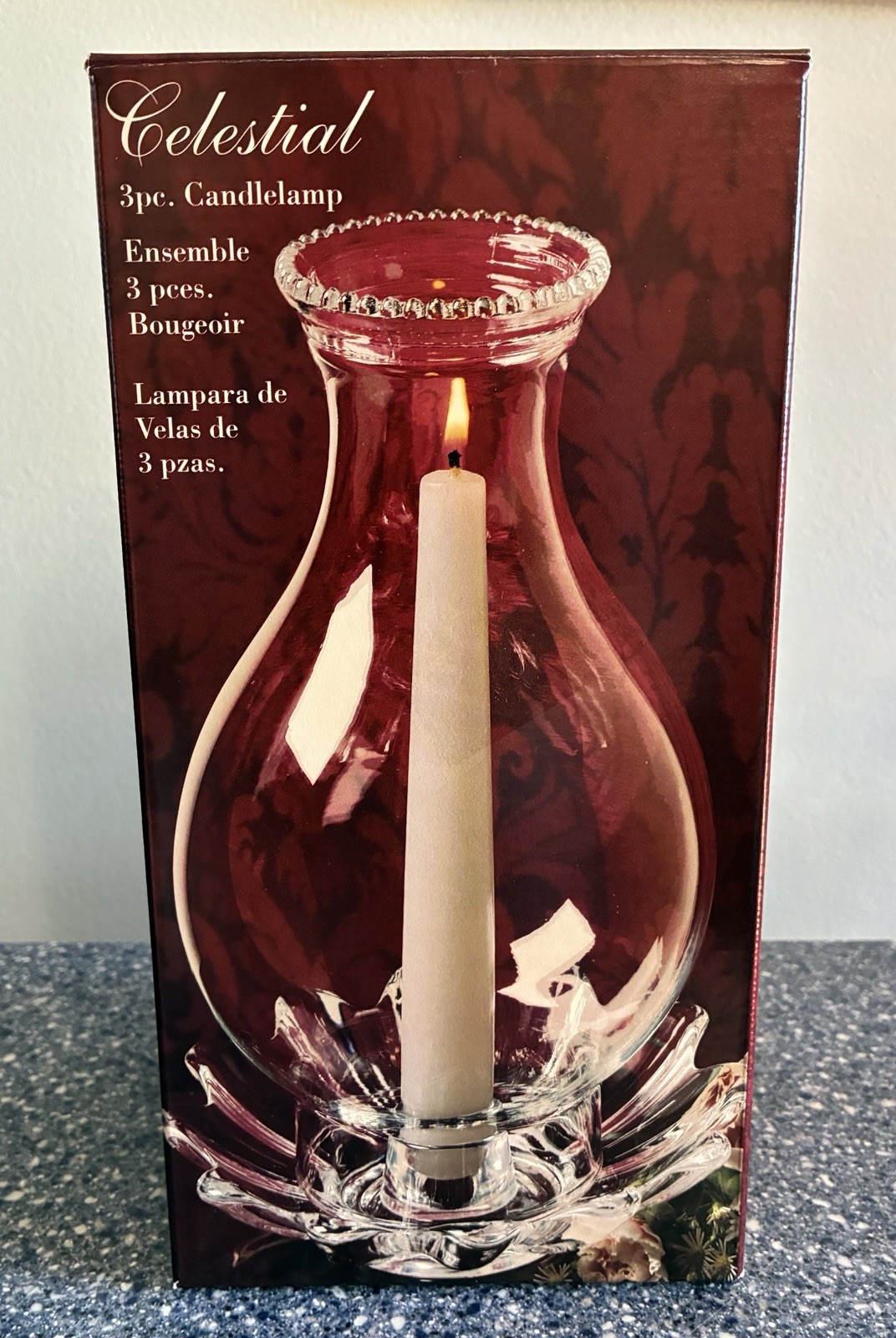 Vtg New Unused Indiana Glass Crystal Celestial 3 pc. Candle Lamp Hurricane USA