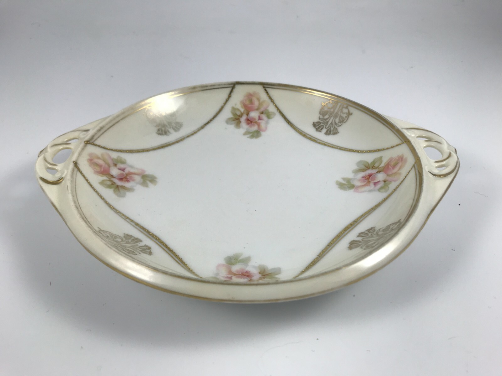 Antique C.S. PRUSSIA Porcelain HANDLED PLATE - PINK FLORAL - Gold Textured Trim